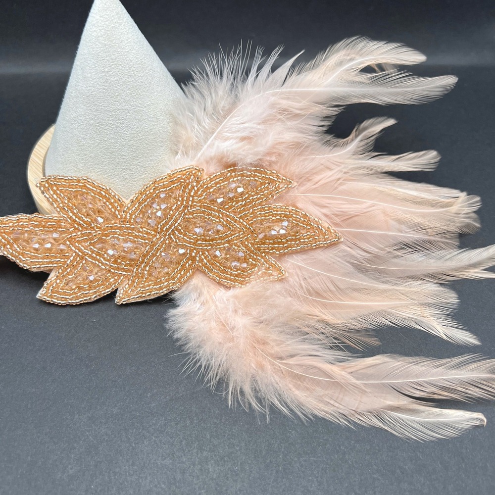 Beaded Flapper Feather Headband Peach Pink 1920s Gatsby Costume Hairpiece